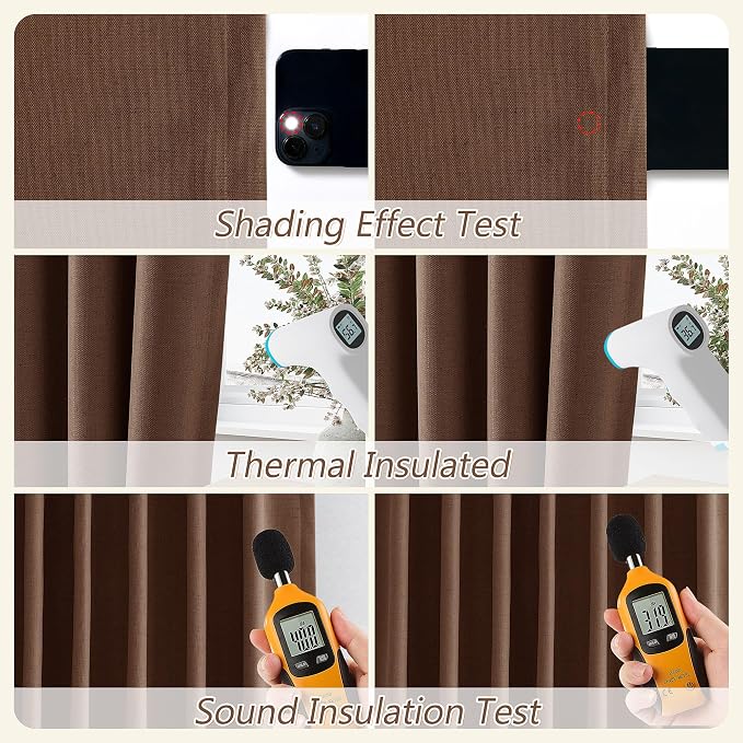 Guken 100% Blackout Curtains 72 Inch Length 2 Panels Set for Living Room Bedroom Back Tab Thermal Insulated Black Out Linen Drapes Room Darkening Window Curtains 72 Inches Long,Rustic Brown