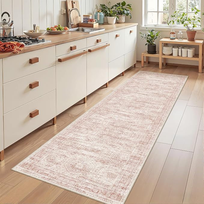 2x8 Runner Rug Non Slip,Washable Hallway Runner Rug,Pink | Neutral Rugs for Kitchen,Entryway,Bedroom,Bathroom,Nursery Room,Thin,Soft Runner Rug,Stain Resistant Indoor Carpet