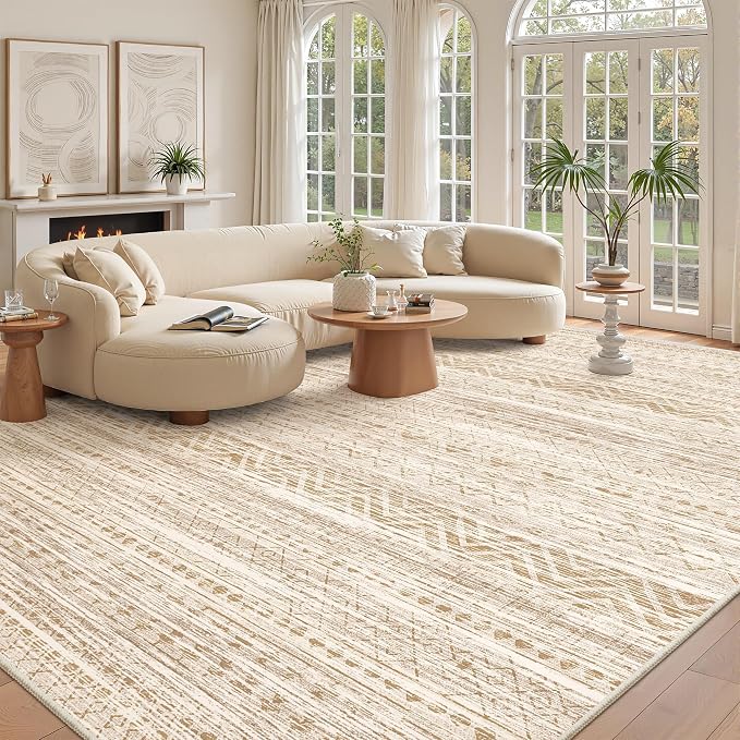 Miukiki 9x12 Area Rug for Living Room Moroccan Washable Rugs Non Slip Indoor Floor Carpet Foldable Large Soft Area Rug for Dining Room Bedroom with Low Pile(Beige,9'x12')