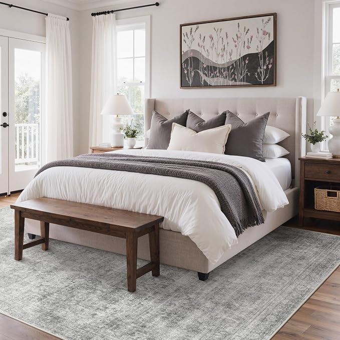BESBLEE 6X9 Area Rugs Machine Washable Rugs for Living Room, Vintage Boho Large Rugs for Bedroom Dining Room, Non Slip Indoor Soft Distressed Lightweight Thin Low Pile Carpet, Light Grey