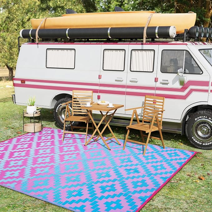 Anidaroel Ombre Camping Rug for Outside RV, 8x10 Waterproof Outdoor Rug for Patio Clearance, Reversible Plastic Straw Outside Area Rug for Camper, Backyard, Picnic(Blue&Purple,8‘x10')
