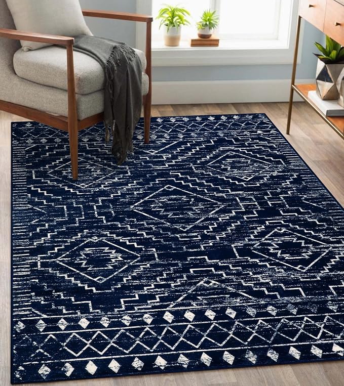 Wonnitar Moroccan Washable Area Rug 4x6, Blue Rugs for Living Room, Non-Slip Boho Bedroom Throw Mat, Non-Shedding Large Geometric Low Pile Floor Carpet for Home Office Mudroom Kitchen (Blue,4'x6')