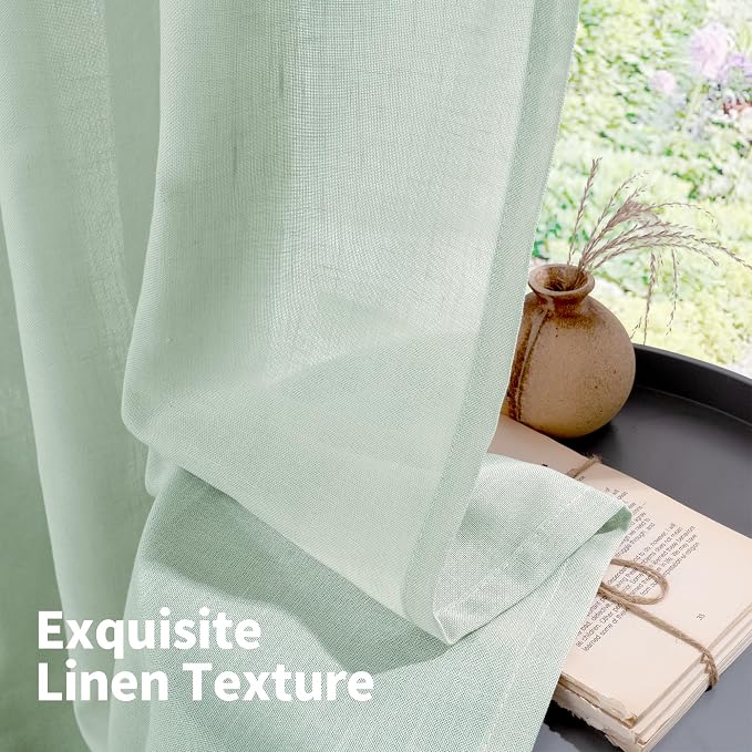 YoungsTex Light Green Linen Semi Sheer Curtains 45 Inch Length, Short Drapes Lightweight with Grommet Light Filtering for Living Room Window, 2 Panels, 52 X 45 Inch
