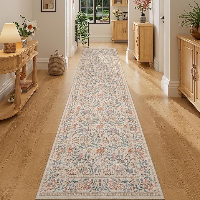 DUKINO 2x10 Runner Rug for Hallway, Washable Vintage Floral Rug, Beige | Non Slip, Low Pile, Non-Shedding, Stain Resistant Soft Long Runner Carpet for Kitchen Bathroom Entryway Bedroom Farmhouse