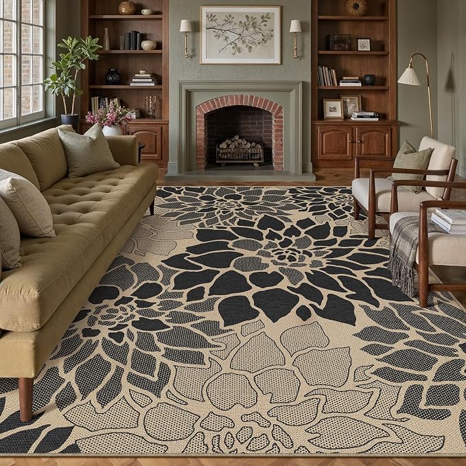PureCozy 8x10 Easy Jute Outdoor Rug Black Floral Textured Indoor Outdoor Area Rug Farmhouse Patio Carpet for Backyard, Patio, Porch, Easy-Cleaning, High Traffic, Pet-Friendly, Non-Shedding