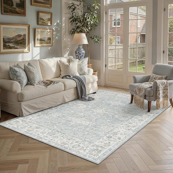 5x7 Blue Washable Area Rug Non Slip Vintage Carpet | Soft Low Pile, Lightweight Foldable, Pet Friendly, Living Room, Bedroom, Dining Room, Classroom, Playroom