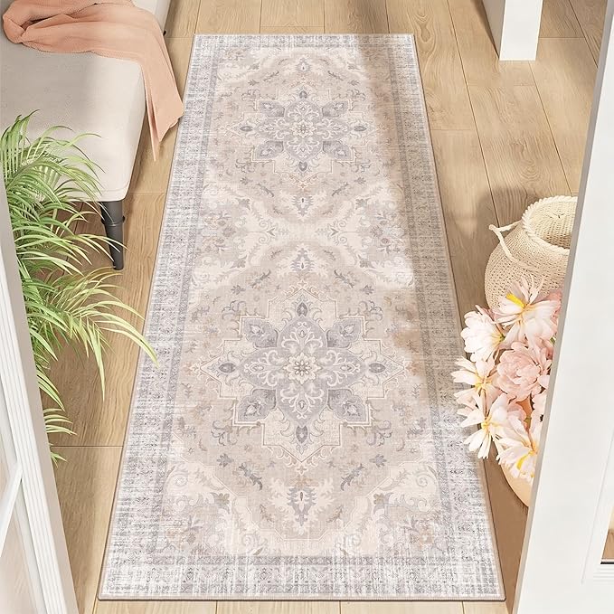 2x6 Runner Rug, Soft Non-Slip Vintage Medallion Rug, Low-Pile Bedroom Runner Rug Indoor Runners for Girls Room, Kids Room, Bedroom Bedside -Light Blush/Cream | Soft Low-Pile Bedroom Runner Rug Indoor Runners for Girls Room, Kids Room, Bedroom Bedside
