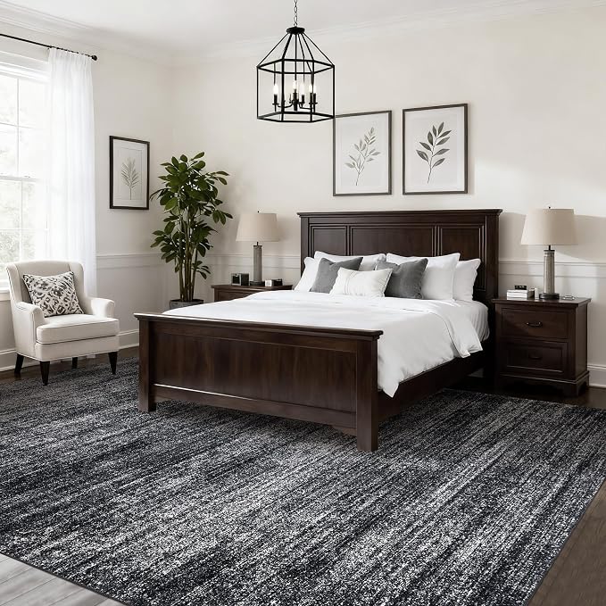 Black Area Rug 8x10 Abstract Soft Washable Rugs Hardwood Floor Protector | Boho Modern Neutral Design, for Living Room Bedroom, Low Pile Carpet 8 x 10, Large, Non Slip Rubber Backed, Floor Covering