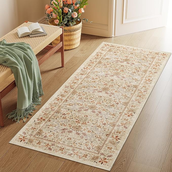 DUKINO 2x5 Rug Runner, Washable Vintage Floral Bathroom Rugs, Beige | Non Slip, Low Pile, Stain Resistant, Lightweight Soft Carpet Runner for Laundry Room Kitchen Hallway Bedroom, Non-Shedding