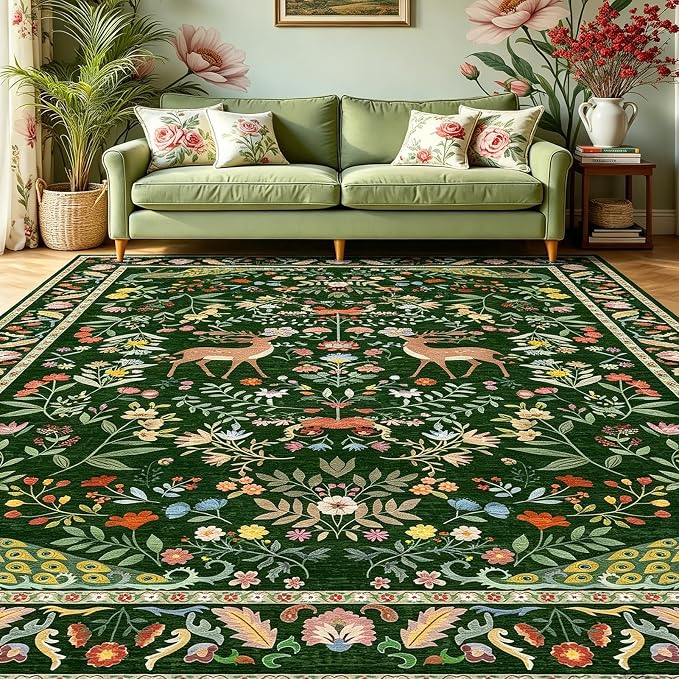 Lunasun Green 5x7 Area Rug for Living Room - Cottage Core Rug for Bedroom, Dining Room, Kids Playroom, Home Office, Floral Washable Non Slip Floor Décor