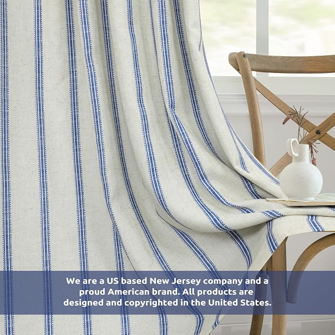 DriftAway Farmhouse Stripe Blackout Curtains, W52xL108, Navy | Blackout, Linen Texture, Stripe Pattern, Rod Pocket & Back Tab, Two Layers, Bedroom Living Room Use, Sound Reducing Design