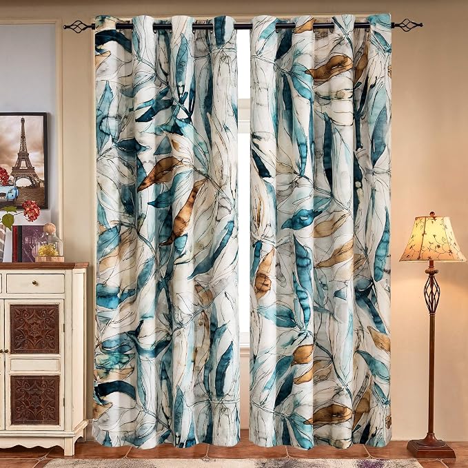 SUBRTEX Boho Leaf Printed Curtains 108 inch Long 2 Panels, Room Darkening Vibrant Floral Drapes, 50% Blackout Light Flitering, Semi Sheer Farmhouse Curtains for Living Room, 52Wx108L, Blue Leaf