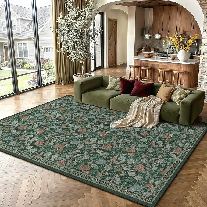 HUGEAR Retro Area Rugs 6x9 Washable Living Room Bedroom Rugs Vintage Floral Throw Carpet Green Stain Resistant Non Slip Low Pile for Home Aesthetic Modern Decor
