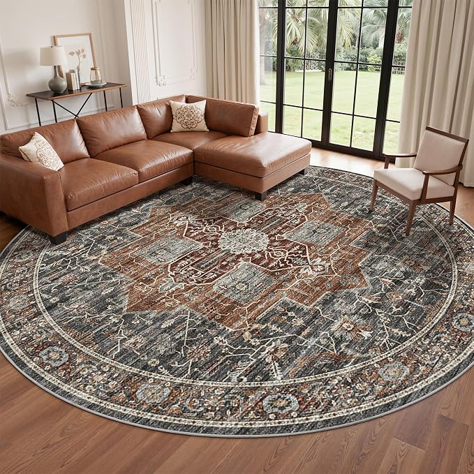 Roxstand 9ft Round Washable Area Rug, Non Slip Rug, Grey/Brown/Tan | Large Round Rug, Vintage, Non-slip Backing, Low-Pile Carpet, Stain Resistant, Rugs for Living Room Bedroom Dining Room
