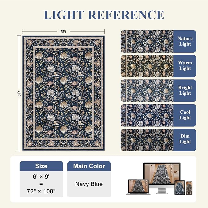 DUKINO 6x9 Area Rug, Vintage Floral Washable Rugs for Living Room Navy Blue | Non Slip, Low Pile, Non-Shedding, Stain Resistant Soft Large Carpet for Bedroom Home Office Dining Room Farmhouse, Home Decor