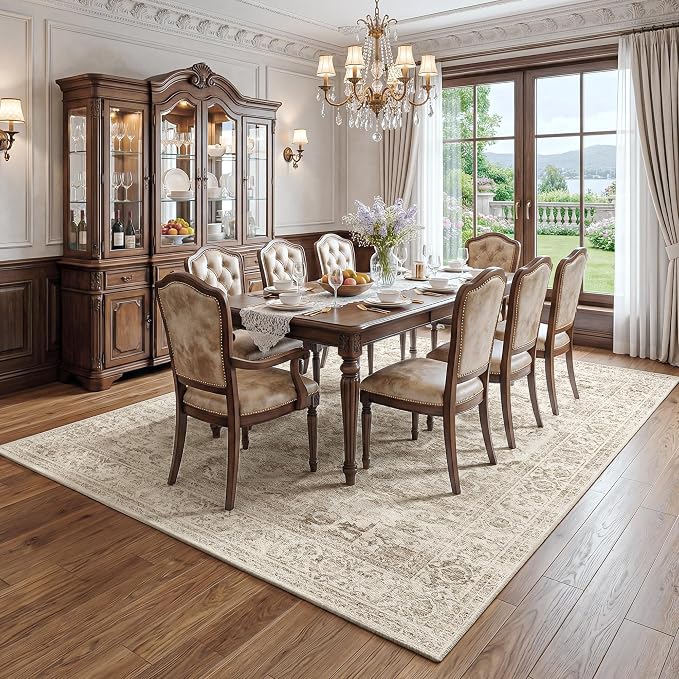 Fmfunctex 8x10 Washable Area Rug Brown Vintage Neutral Distressed Oriental Large Non Slip Carpet for Living Room Bedroom Soft Low Pile Indoor Mat Retro Throw Rug for Dining Room Kitchen Office Nursery