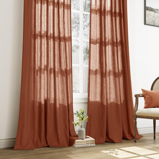 Aersas Terracotta Pinch Pleat Linen Curtains 108 Inch Length 2 Panels Set for Bedroom Dinging Room Semi Sheer Boho Farmhouse Neutral Window Curtains 108 Inches Long for Living Room Nursery 40x108