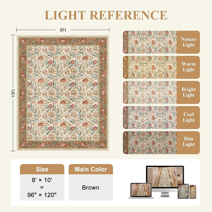 DUKINO 8x10 Area Rug, Vintage Floral Washable Rugs for Living Room, Brown | Non Slip, Low Pile, Non-Shedding, Stain Resistant Boho Soft Indoor Large Carpet for Bedroom Dining Room Farmhouse, Home Decor