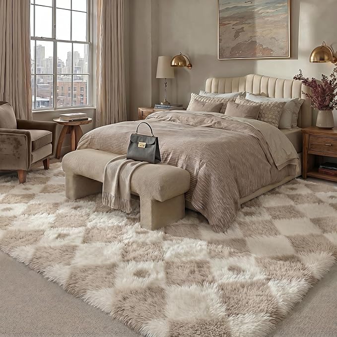 PureCozy Checkered Rug 9x12 Fluffy Shag Living Room Beige Area Rug Modern Washable Carpet Soft Shaggy Non Slip Indoor Plush Fuzzy Rugs for Bedroom Dorm Office Home Aesthetic Decor