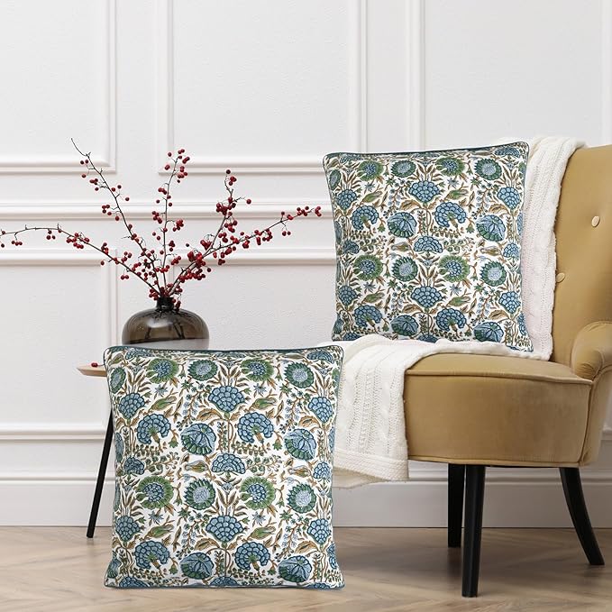 Ridhi Block Print Asparagus Green Pillow Cover 24" x 24" (Pack of 2) Decorative Couch Pillows for Living Room, Farmhouse Chic Boho Cute Outdoor Pillows Covers Gifts for Spring, Mother's Day