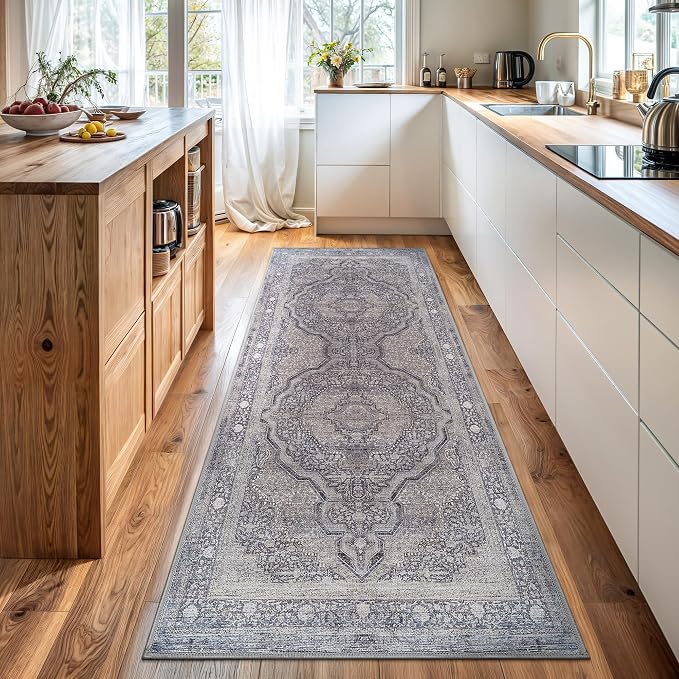 Bloom Rugs Washable Non-Slip 10 ft Runner - Blue/Steel Gray/Beige Traditional Medallion Runner for Entryway, Hallway, Bathroom, and Kitchen - Exact Size: 2.5' x 10'