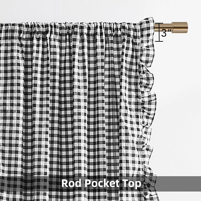 ZJDECOR Black White Buffalo Plaid Ruffle Window Curtains 84 Inches Long | Woven Crinkle Not-See-Through Sheer Drape,Rustic Shabby Chic Window Treatment,Bedroom Living Room,Rod Pocket,40"Wx84"Lx2