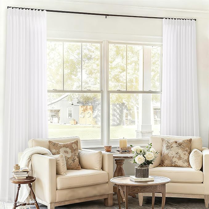Pinch Pleat Extra Wide 72 x 108 Inch Linen Curtains Semi Sheer Ivory | Cream Off White, Big Curtains, for Living Room Divider Patio Sliding Door, Pleated Drapes, with Hooks Rings, 108 Inch Length