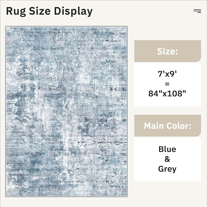 Soalmost 7x9 Area Rug for Living Room Washable Abstract Vintage Soft Thin Indoor Floor Non-Slip Carpet for Bedroom Dining Room Blue Grey