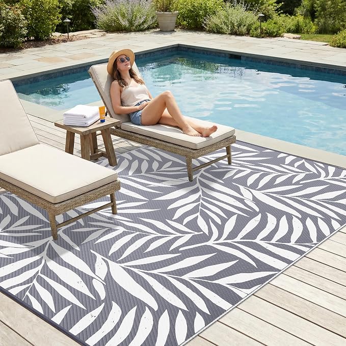 Smiry Outdoor Rug 9x12 ft, Waterproof Reversible Plastic Straw Rugs, Outdoor Area Rug with Leaf Pattern, Outside Floor Mat for Patio, Backyard, Deck, Picnic, Beach, Camping, Grey & White