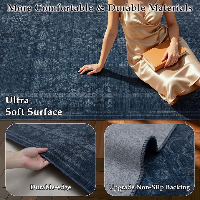 Ruaruarug Area Rug 5'×7', Non Slip Machine Washable Ultra Soft Stain & Fade Resistant, Pet & Kids Friendly, for Living Room/Bedroom/Kitchen/Classroom, Dark Blue