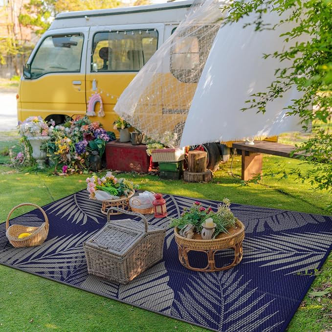 GENIMO Outdoor Rug, Waterproof Plastic Rugs for Patio, 4'x6' Blue Grey | Outside Larger Leaf Carpet Mat for Porch Decor, Deck, Balcony, Camping, RV, Backyard, Picnic, Beach, Reversible, Foldable