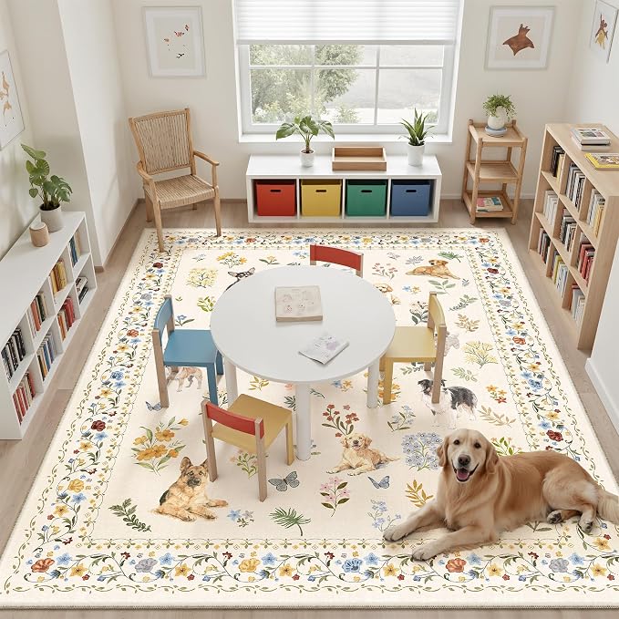 Soalmost Dog 8x10 Area Rugs for Living Room, Washable Animal Soft Rug Beige | Floral Vintage Non-Slip Low Pile Cute Throw Large Rugs for Classroom Bedroom Dining Room Nursery Playroom 8' x 10'