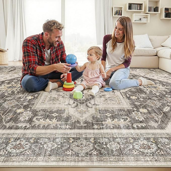 9x12 Area Rugs for Living Room - Large Carpet Ultra Thin Soft Washable Oriental Vintage Floral Distressed Big Indoor Carpets for Bedroom Nursery Dorm Home Decor Aesthetic - Dark Brown