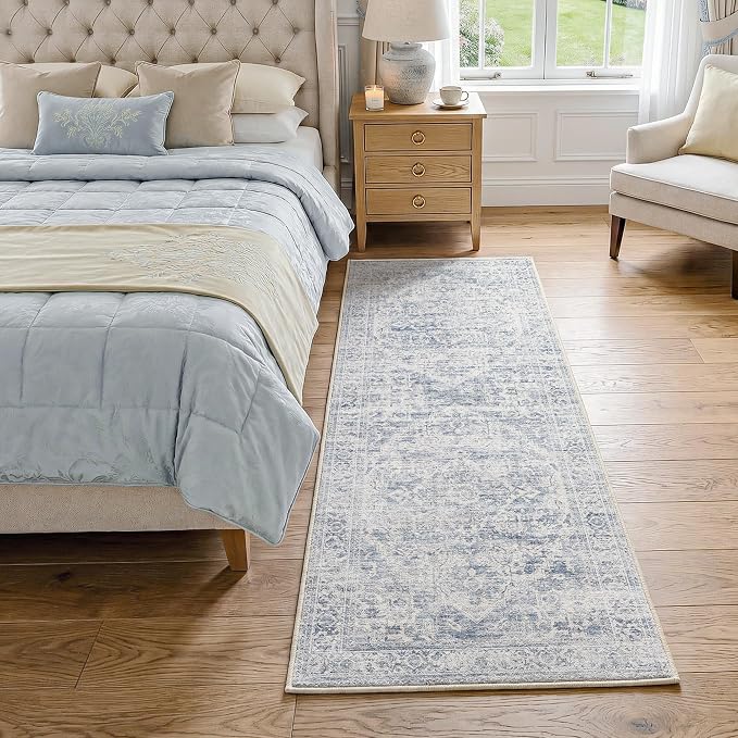 FMFUNCTEX 2x6 Runner Rug Blue Vintage Neutral Washable Distressed Oriental Non Slip Low Pile Indoor Carpet Retro Hallway Entryway Rug for Kitchen Living Room Bedroom Bathroom Laundry Entry Bedside