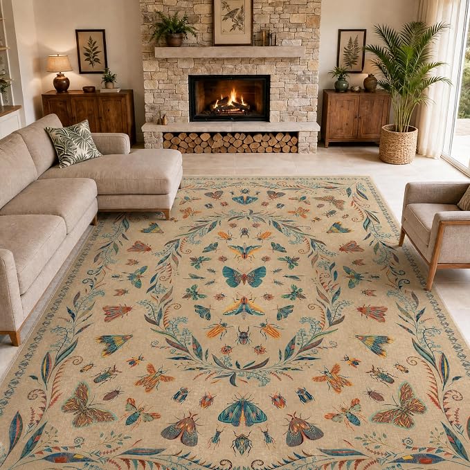 Lunasun Large Brown Rug for Living Room - Area Rugs 9x12 Dining Room Table, Large Bedroom Under Bed, Unique Insect Bug Home Décor, Foldable Soft Stain Resistant