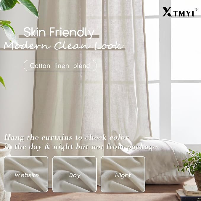 XTMYI 2 Panels,102 Inch Length,Oatmeal,50 Inch Wide,Back Tab/Hook Belt Linen Cotton Sheer Curtains for Bedroom Living Room