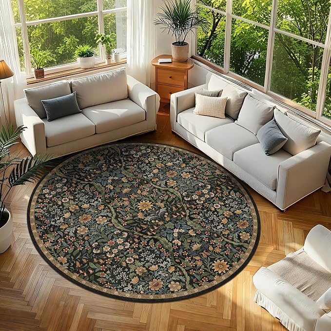 Round Rug 7ft Black Brown Washable Floral Circle Rug,Vintage Boho Botanical Round Area Rugs, Non-Slip Soft Low-Pile Circular Carpet for Bedroom,Kids Room,College Dorm,Home Decor