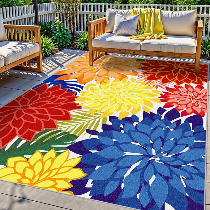 Colorful 4x6 Outdoor Area Rug Washable Rugs Multicolored Patio Rug Tropical Botanical Floral Chenille Outdoor Carpet Non Slip for RV, Pool Deck, Backyard, Porch, Rainbow