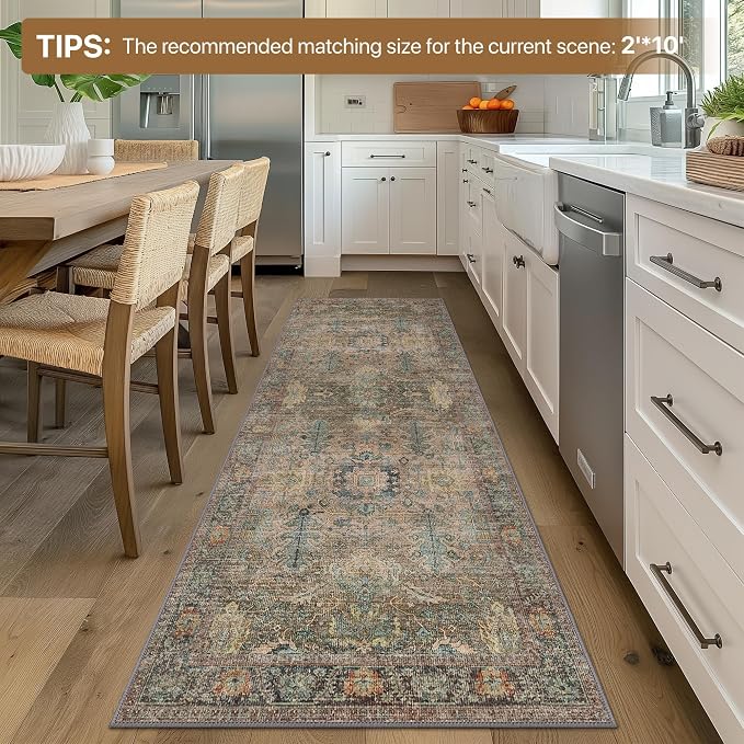 Bavni Area Rug 3x5, Non-Slip Washable Rugs for Living Room Office, Boho Distressed Printed Rug, Low Pile Foldable Decorative Carpet for Bedroom Kitchen Office, Olive Green