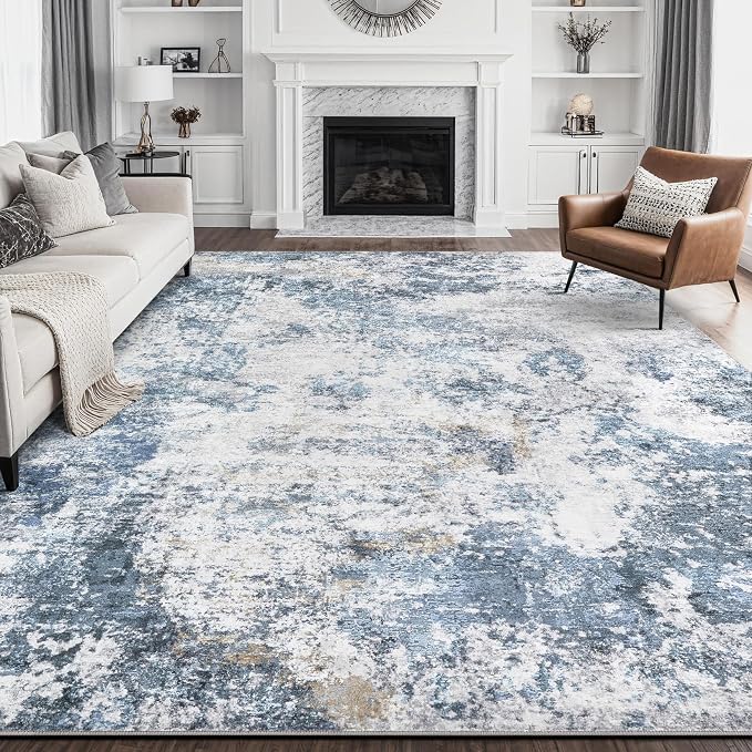 DMOYEST 10x14 Area Rug for Living Room, Washable & Non Slip Large Indoor Carpet, Kid & Pet Friendly Soft Thin Low Pile Abstract Rug for Bedroom and Office - Blue