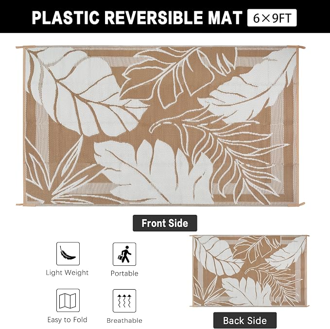 HUGEAR 6'x9' Outdoor Rug Waterproof Plastic Straw Rugs Brown Reversible Olive Leaf Mat Floor Carpet for Camping RV Deck Entryance Porch Picnic Balcony Beach Backyard