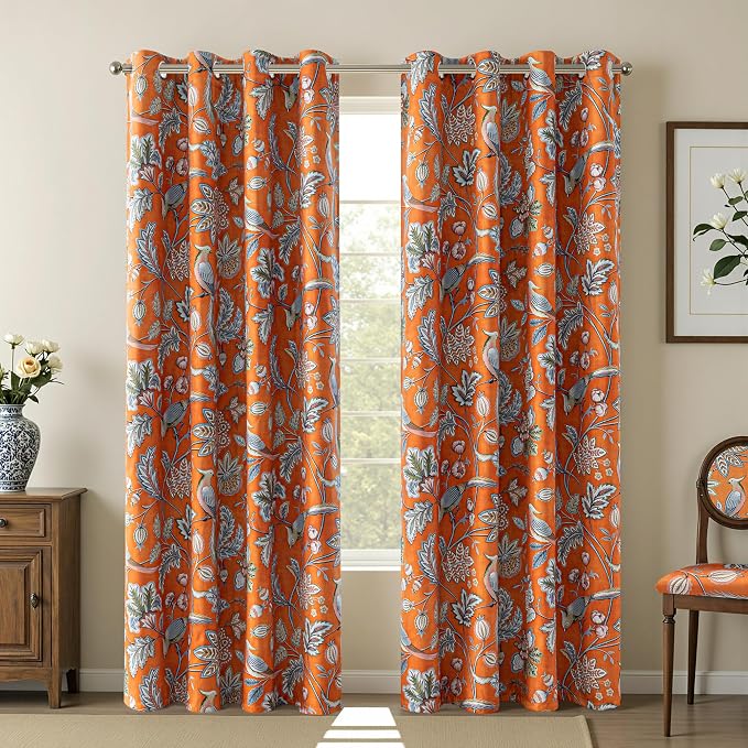 MYSKY HOME Floral Blackout Curtains 84 inch Long for Living Room Darkening Thermal Insulated Vintage Curtains Flower Bird Pattern Printed Grommet Drape for Dining Room Bedroom, 2 Pcs, 52" Wide, Orange