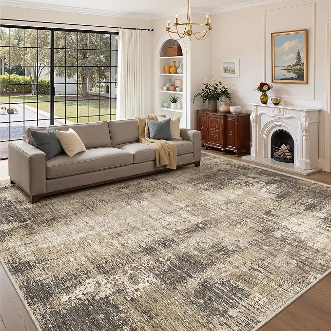 Valenrug Washable Rugs 8x10 - Stain Resistant 8x10 Area Rugs for Living Room, Non Slip Backing Abstract Large Area Rugs for Bedroom, Folable Machine Washable Area Rug(8'x10', Taupe)