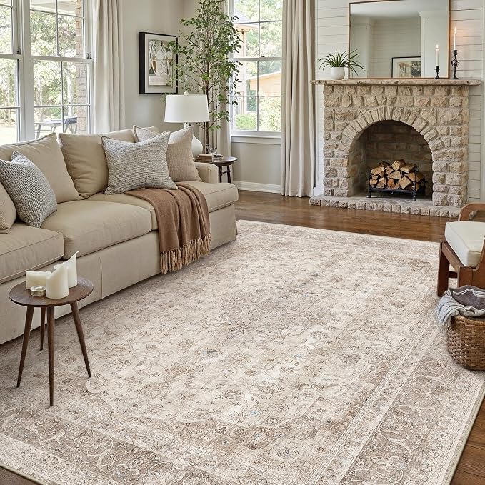 PureCozy 8x10 Area Rug Washable Beige Vintage Traditional Oriental | Non Slip, Soft Low Pile, Indoor Carpet for Living Room, Bedroom, Dining Room, Distressed Retro Decor