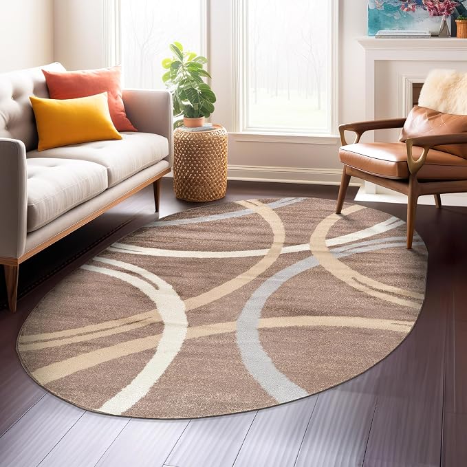 Rugshop Wavy Circles Modern Non-Shedding Living Room Oval Rug Brown 5' x 7'