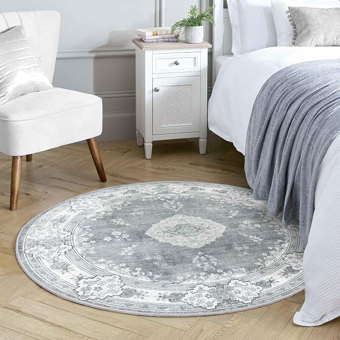 MUJOO Grey Round Rug 4ft Small Circle Washable Area Rug Non Slip Floral | Circular Rugs for Bedroom Living Room Entryway Bathroom Bedroom Boho Throw Carpet Soft Low Pile Indoor Vintage Flowers