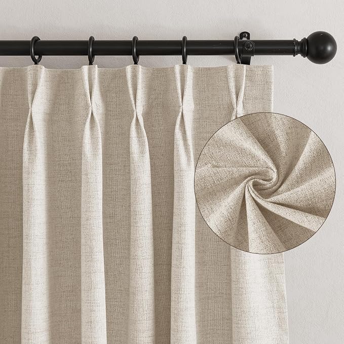 RYB HOME Linen Textured 100% Blackout Curtains Pinch Pleated & Back Tab Drapes Privacy Thermal Insulating for Living Room Kitchen Dining Bay Window, W 42 x L 90 inches, Linen, 2 Panels