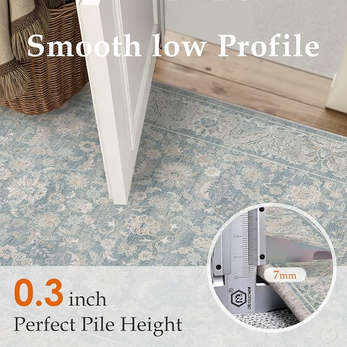 2x8 Blue Washable Runner Rug Non Slip Retro Distressed Carpet | Soft Low Pile, Lightweight Foldable, Pet Friendly, Hallway, Kitchen, Bathroom, Front Door, Beside Bed