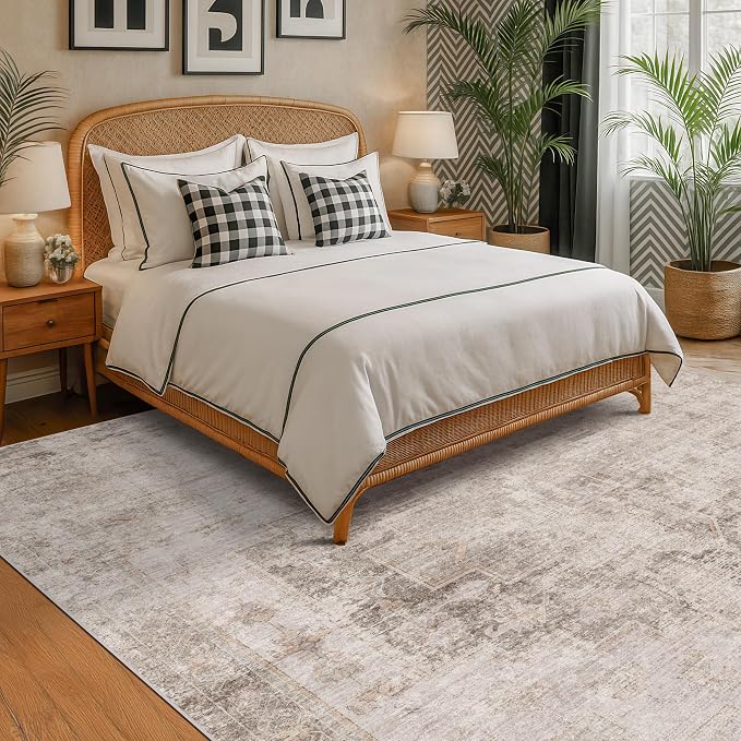 Hazo Haus Neutral Living Room Rug - 10x14 Farmhouse Beige Brown Large Area Rug for Dining Room, Bedroom, Low Pile Lightweight Washable