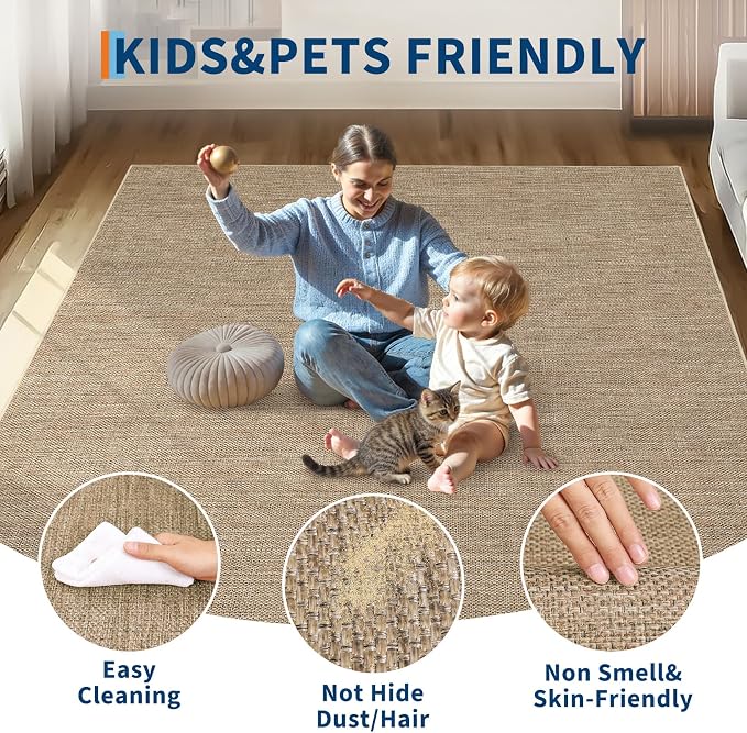 GarveeHome Easy Jute Rug 8x10 Washable Non Slip Solid Jute Living Room Rugs | Modern Easy Jute Living Room Rugs Neutral Bordered Stain Resistant Indoor Throw Carpet for Nursery Kitchen Entryway, Jute